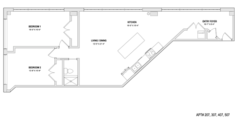 Floor plan for 2 beds, 1 bath, 1100 sqft